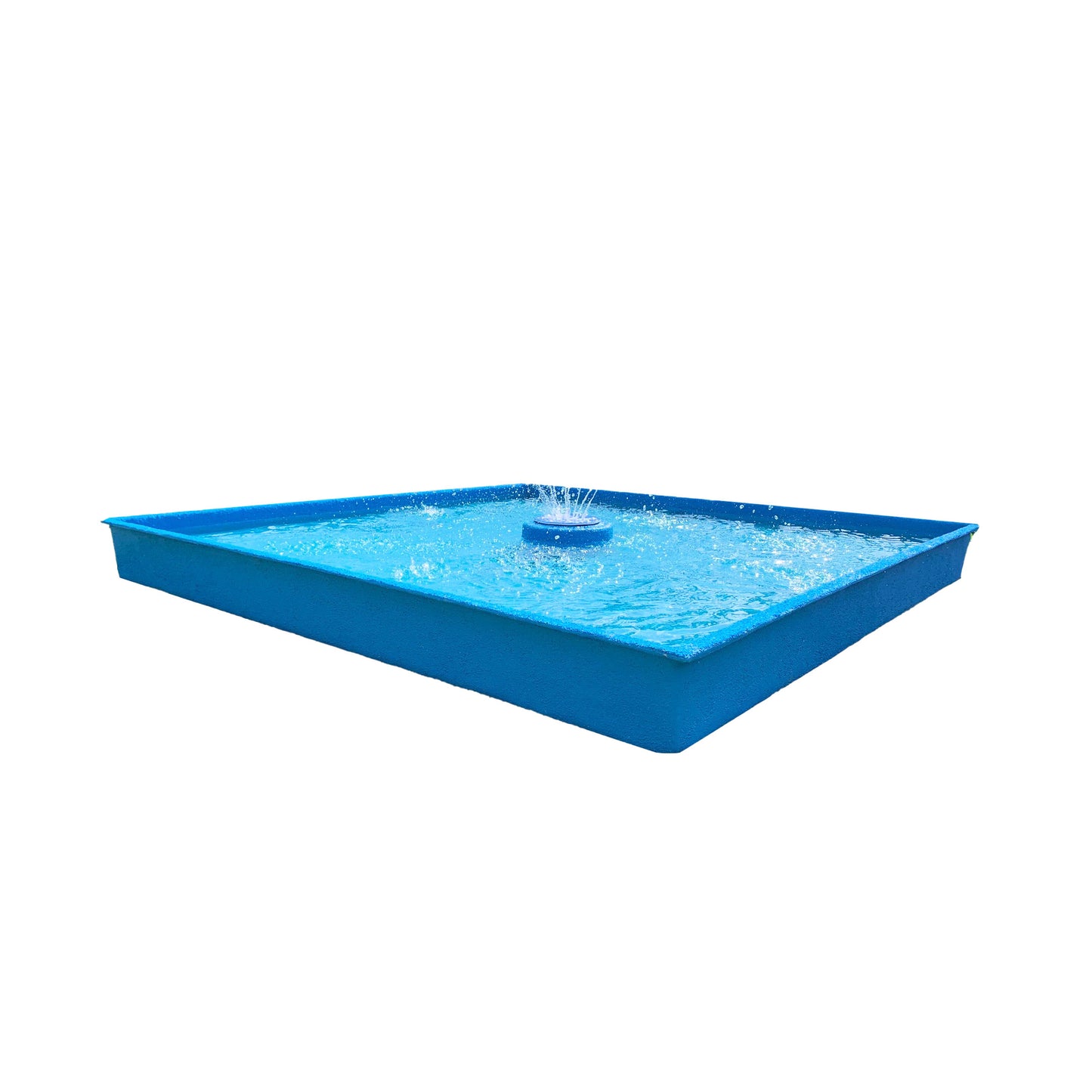 A rectangular blue wading pool with water, featuring a central splash pad with a circular feature and a blue umbrella on the side.