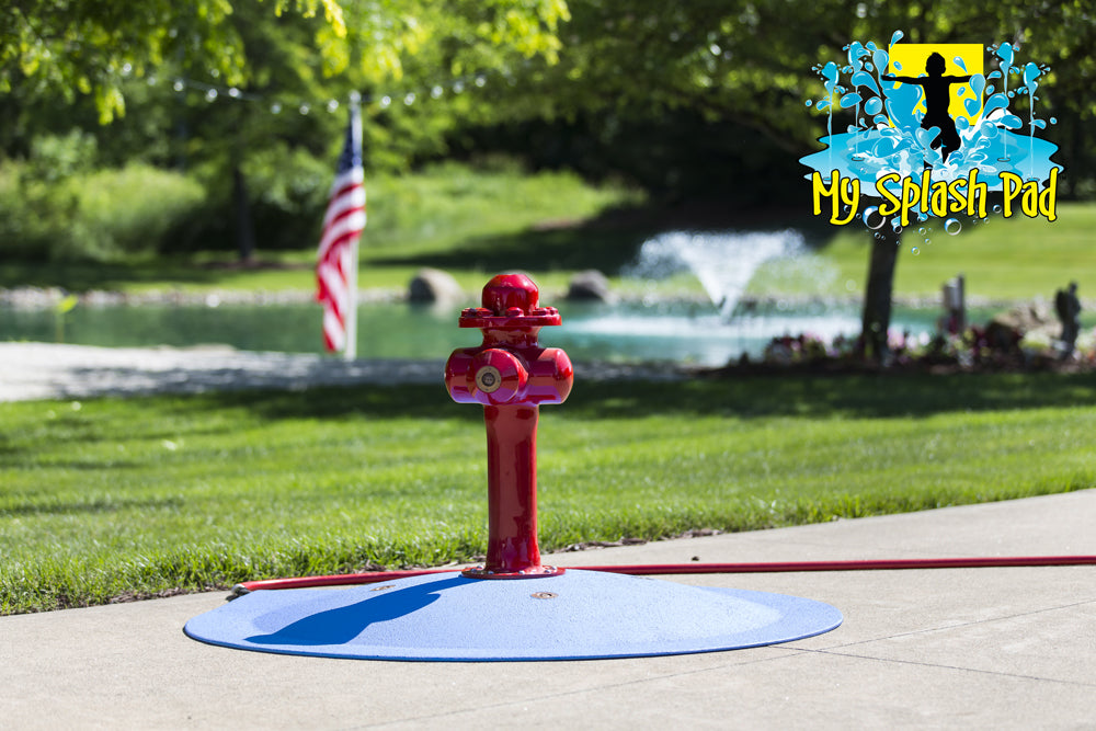Fire Hydrant Portable Splash Pad water play feature installed on outdoor pad, My Splash Pad backyard water play equipment.