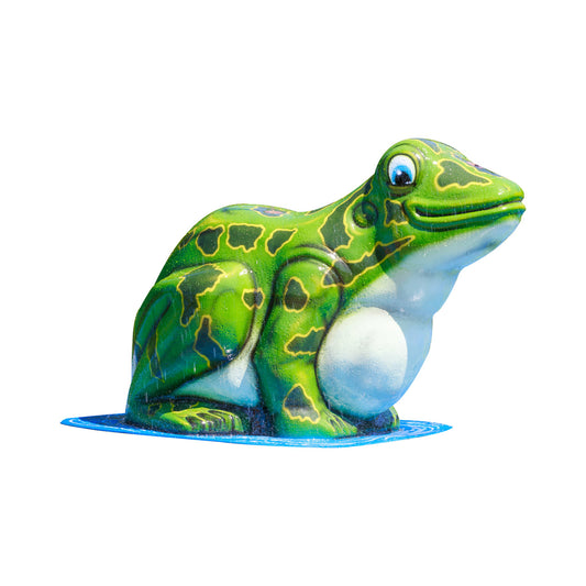 Frog Mobile Spray and Play Feature – green frog splash pad structure designed for kids’ outdoor water play.
