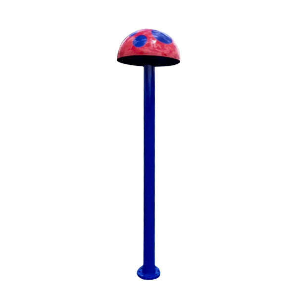 Mushroom Portable Splash Pad water play feature with tall blue stem and red mushroom cap with blue polka dots.