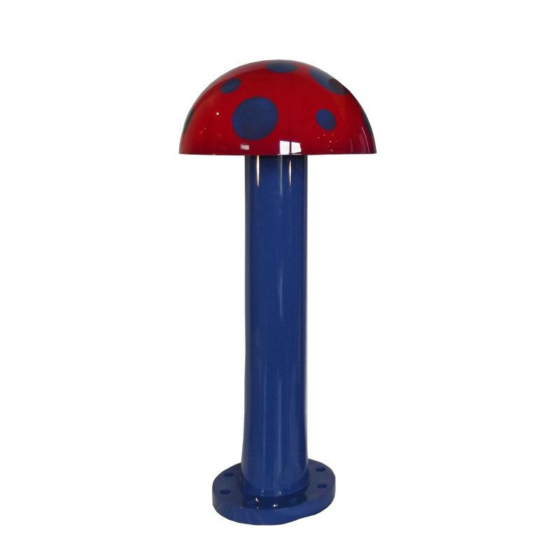 Mini Mushroom Portable Splash Pad water play feature with red mushroom cap and blue stem, designed for kids’ splash pad fun.