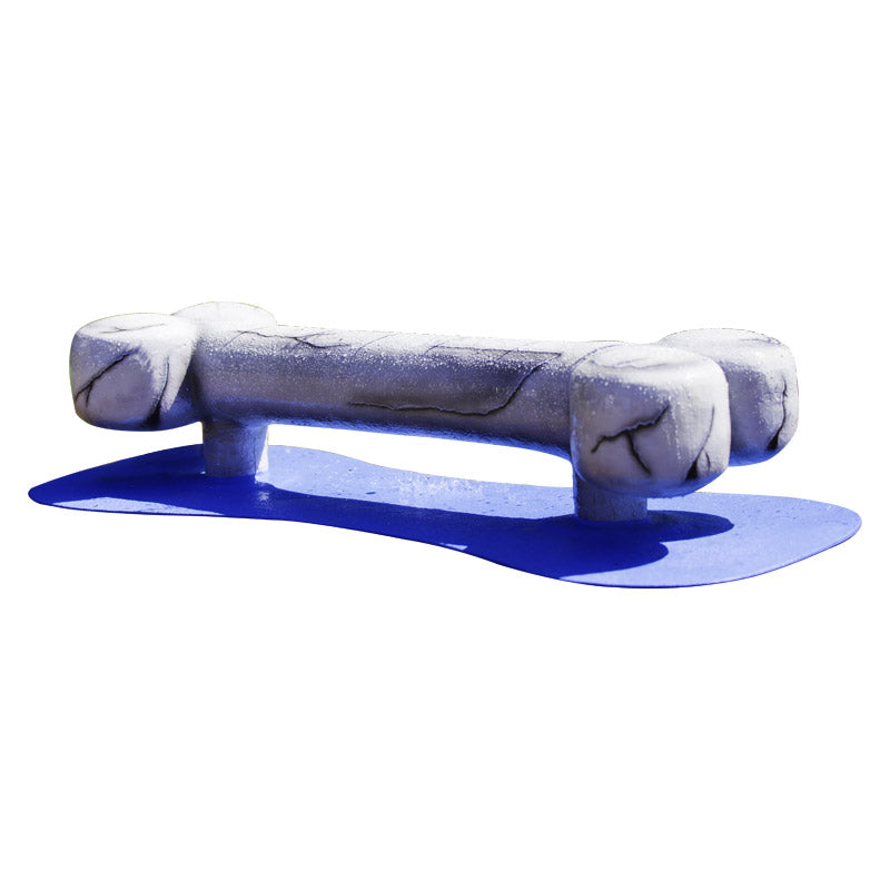Dog Bone Water Play Feature by My Portable Splash Pad – sculpted gray dog bone splash play element with water spray jets, mounted on a blue splash pad base for dogs to enjoy.