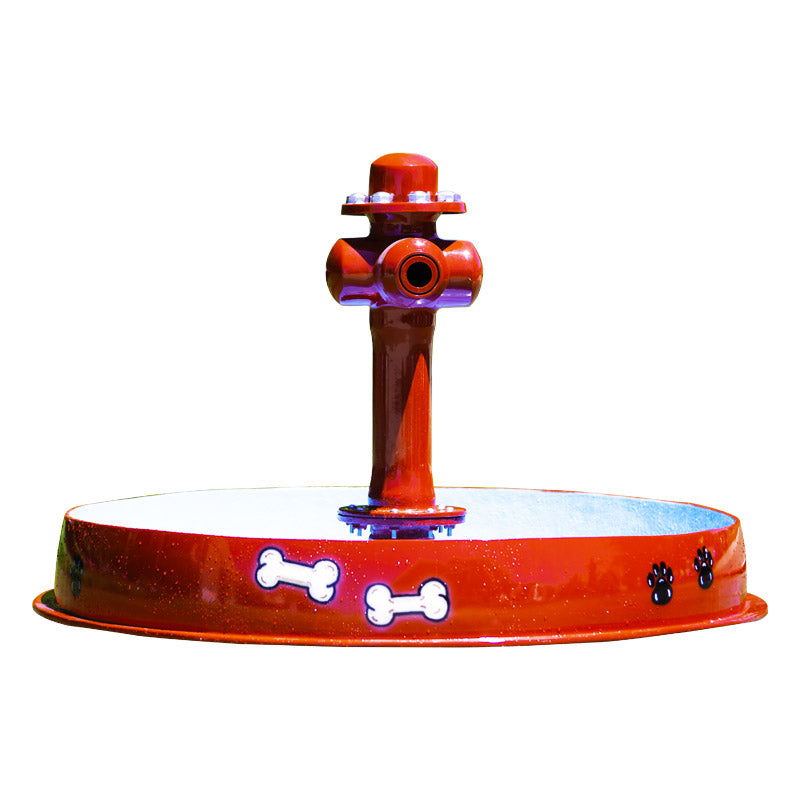 A red dog bowl with a hydrant-style water play feature, designed for outdoor water games.