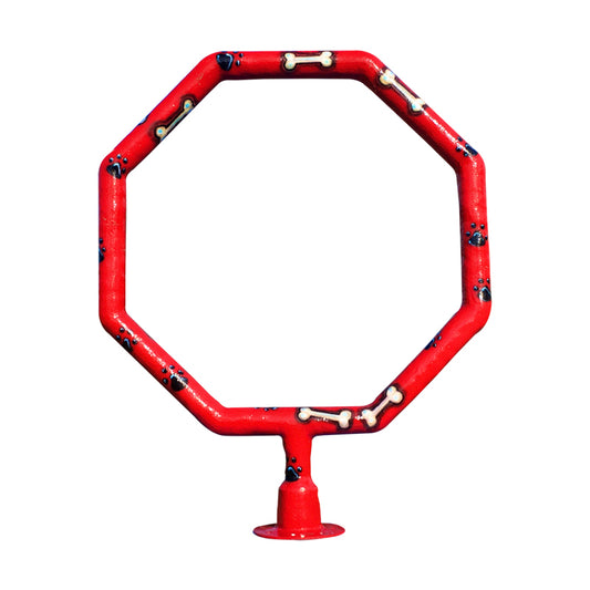 Dog Jump Hoop Water Park Feature by My Portable Splash Pad – red octagon-shaped hoop with bone and paw print design on white background.