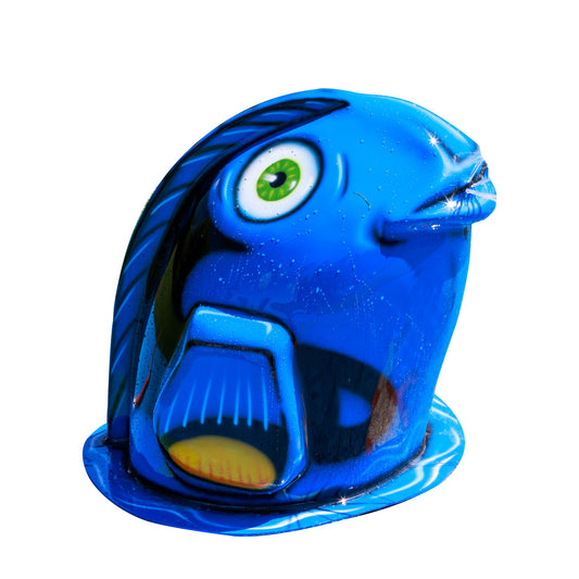 Fish Mobile Spray and Play Features – bright blue splash pad water play equipment shaped like a cartoon fish with a green eye and fins.