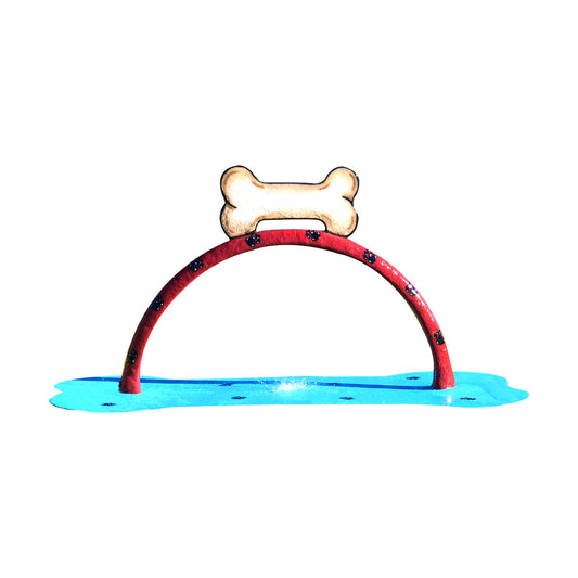 Doggy Wash Water Play Feature by My Portable Splash Pad – red arch with dog paw prints and bone design spraying water over blue splash pad on white background.