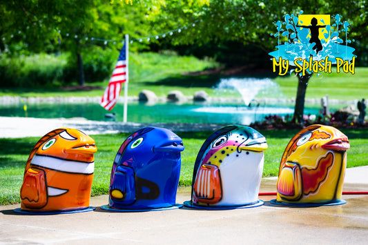 Fish Mobile Spray and Play Features – four colorful splash pad fish designs including orange clownfish, blue fish, rainbow trout, and yellow tropical fish.