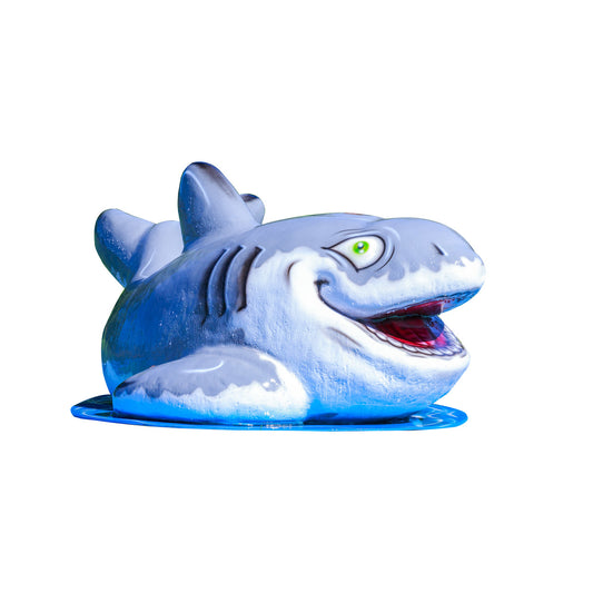 Shark-shaped mobile water play feature with a wide open mouth, green eyes, and detailed fins, designed for children’s splash pad play.