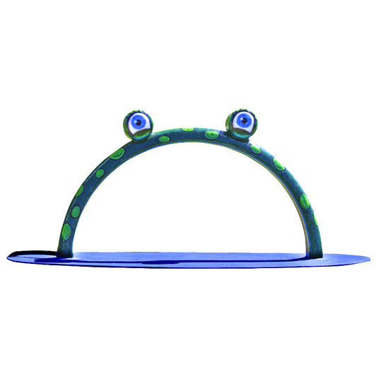 Mini Frog Arch Mobile Water Play Feature by My Portable Splash Pad – green arch with frog eyes and blue splash pad base on white background.