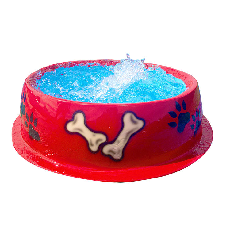 Dog Bowl Water Play Feature by My Portable Splash Pad – red bowl-shaped splash feature with paw prints and bone designs, spraying water from the center.