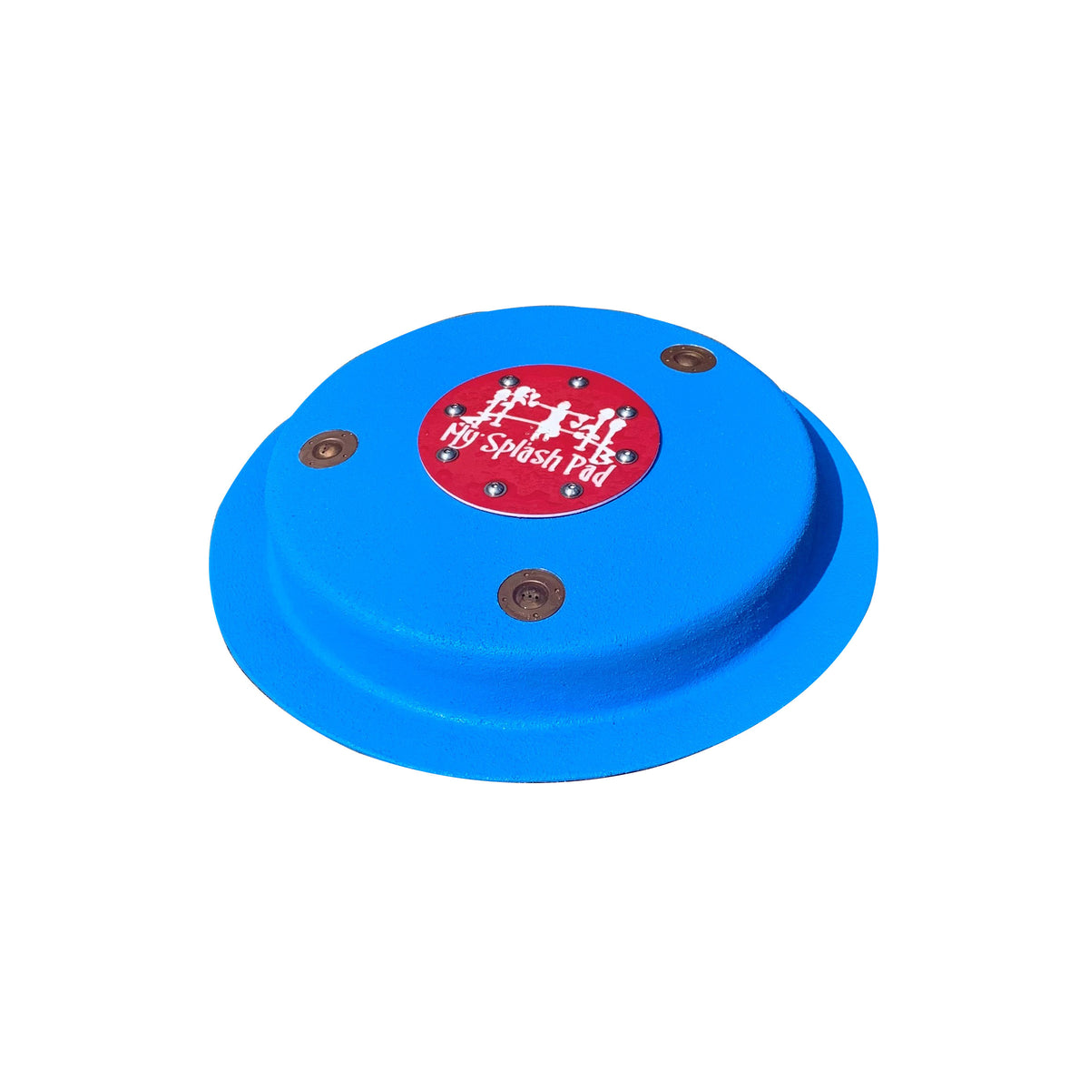 A circular blue portable splash pad platform with a red logo in the center.
