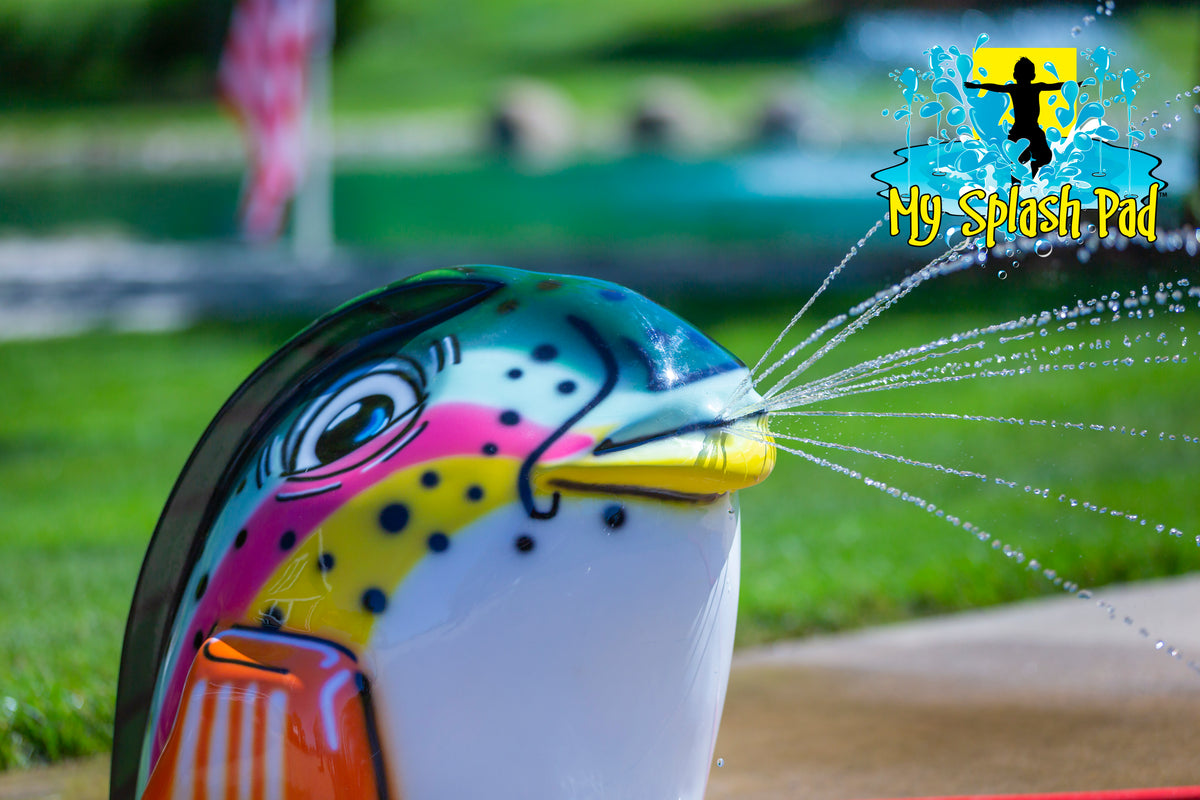 Fish Mobile Spray and Play Features – rainbow trout splash pad fish spraying water streams from its mouth.