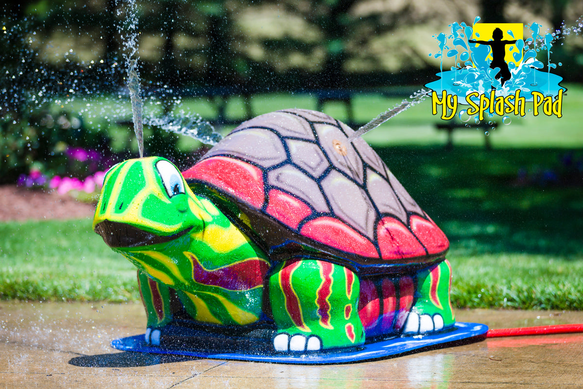 Large Turtle Instant Backyard – colorful turtle splash pad feature spraying water from shell and sides.
