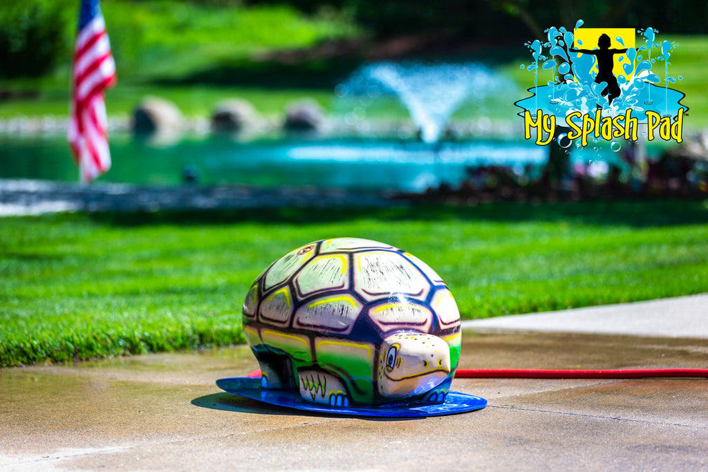 Medium Turtle Spray and Play Feature by My Splash Pad – colorful turtle-shaped splash pad water play structure with sprays for kids.