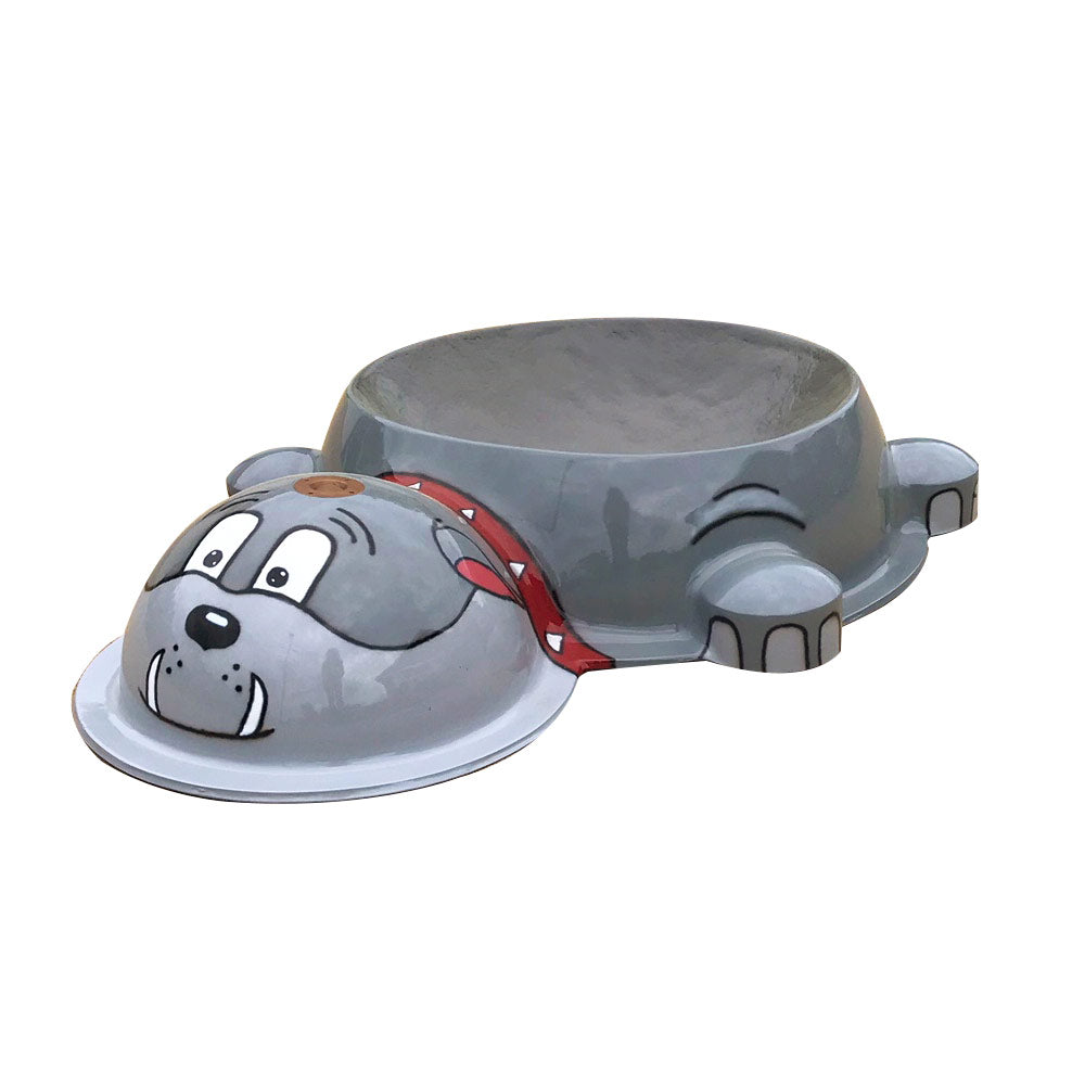 Dog Park Bulldog Water Bowl Water Play Feature by My Portable Splash Pad – gray bulldog-shaped water bowl with red bandana on white background.