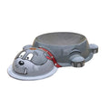 Dog Park Bulldog Water Bowl Water Play Feature by My Portable Splash Pad – gray bulldog-shaped water bowl with red bandana on white background.