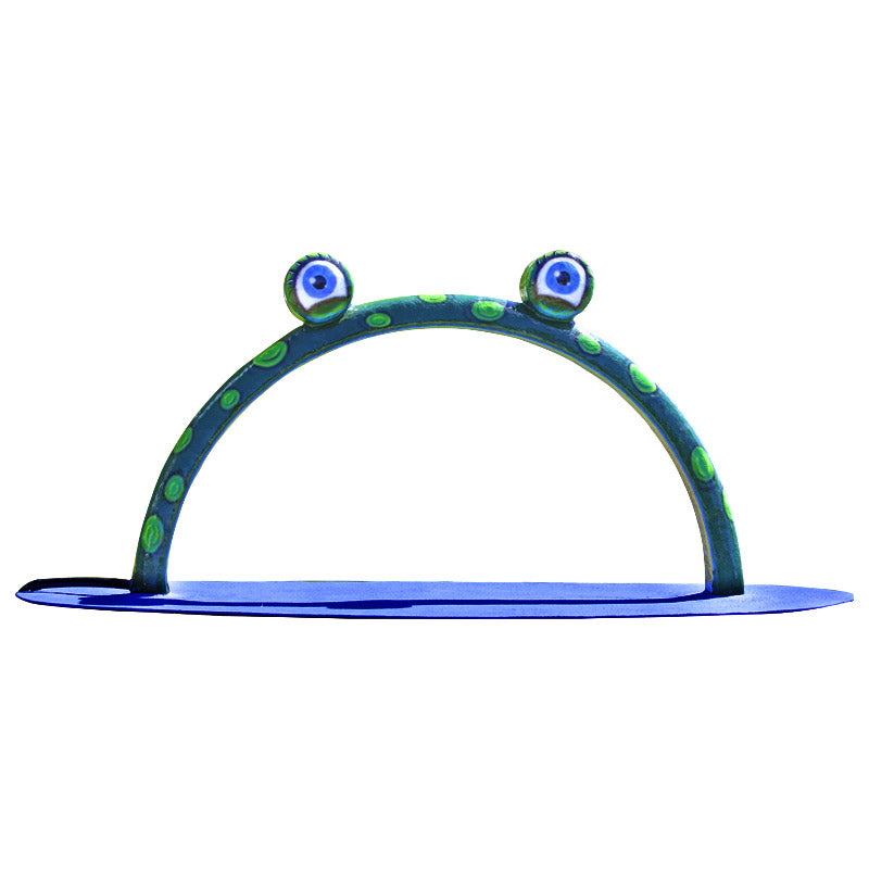 Mini Frog Arch Mobile Water Play Feature by My Portable Splash Pad – green arch with frog eyes and blue splash pad base on white background.